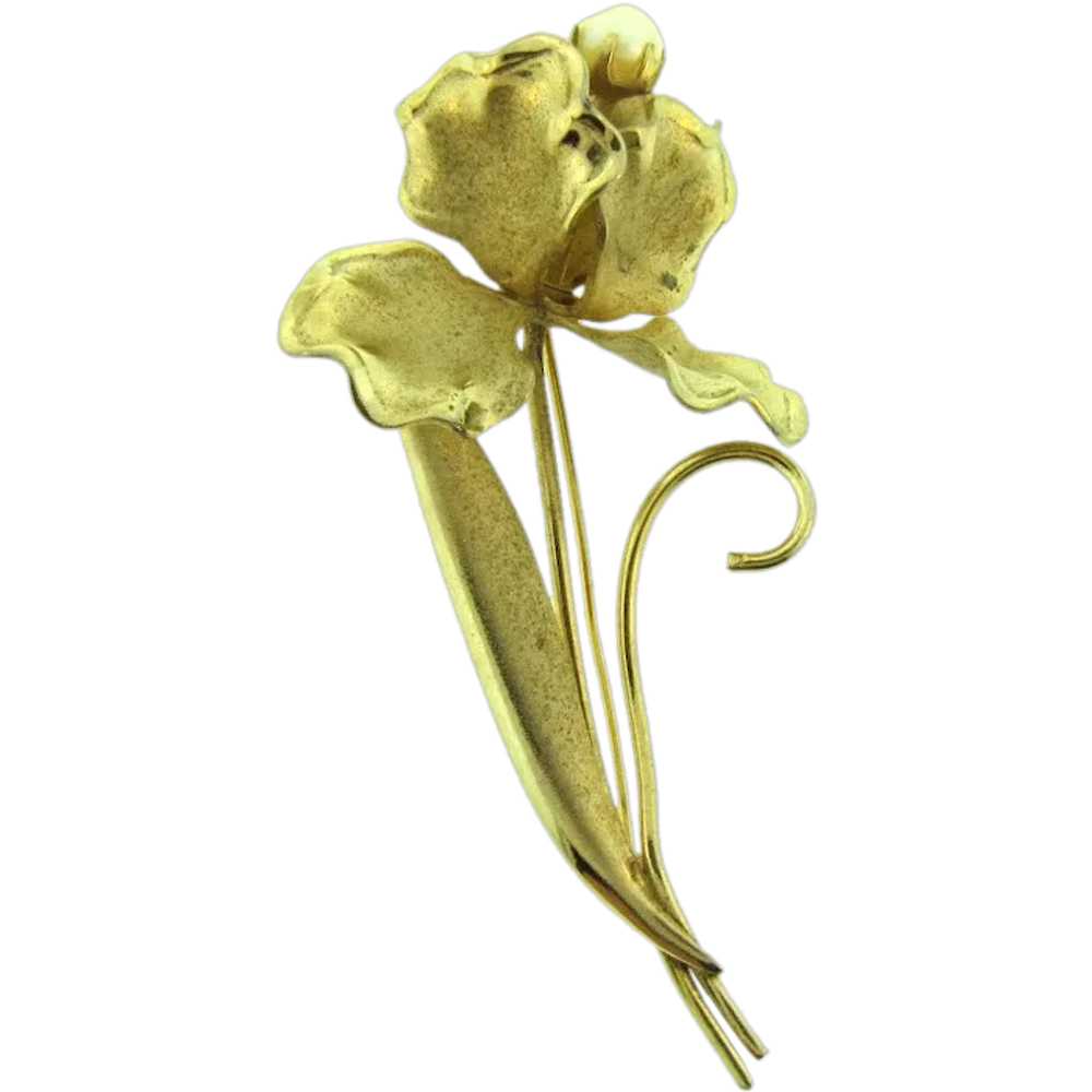Vintage floral iris Brooch with genuine cultured … - image 1