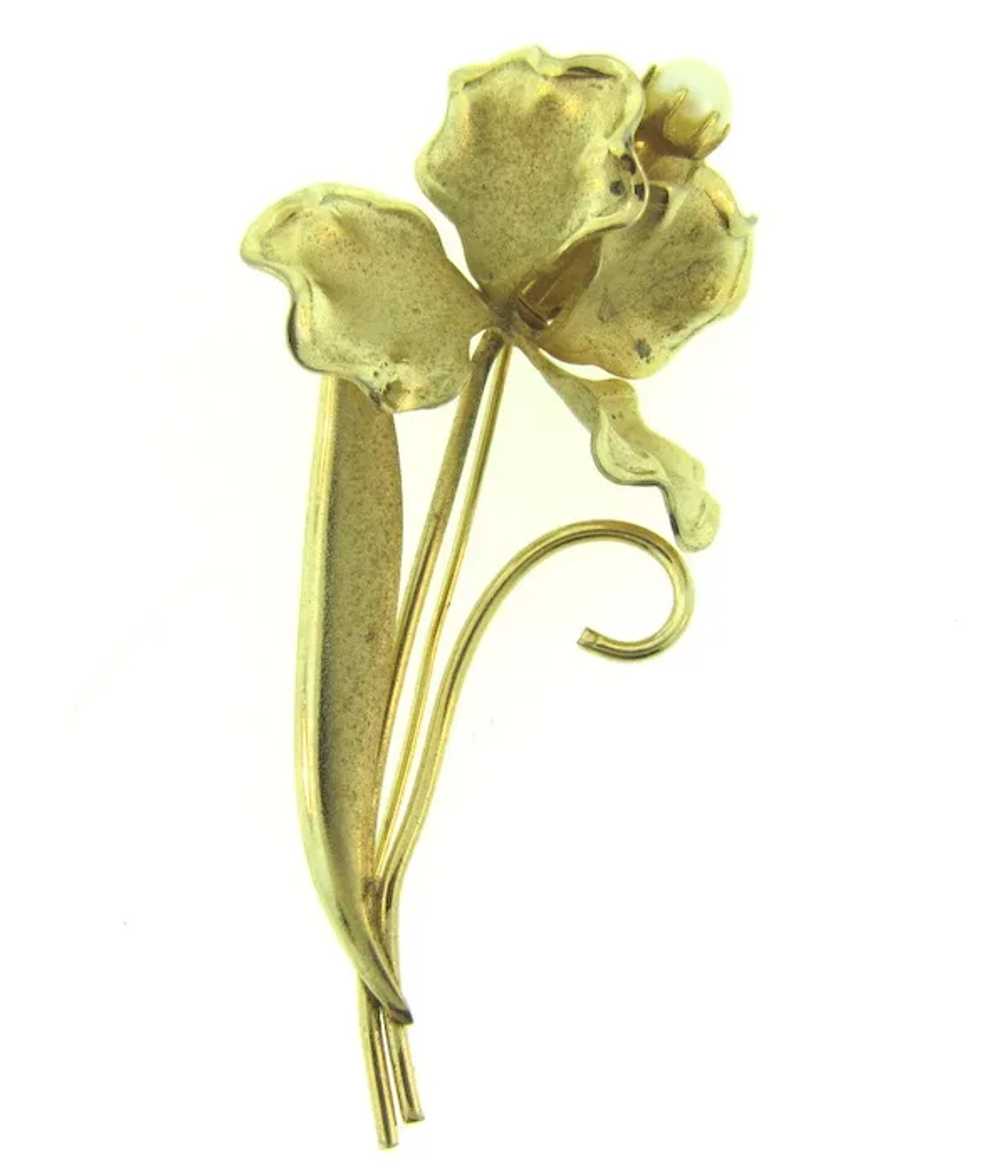Vintage floral iris Brooch with genuine cultured … - image 4