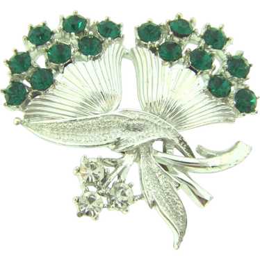 Vintage Mid-Century floral Brooch with emerald gr… - image 1