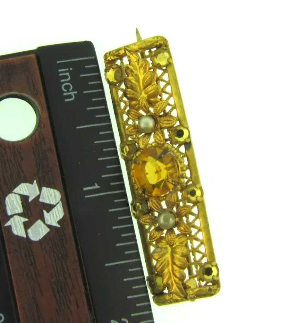 Vintage early gold tone Bar Pin with topaz rhines… - image 3