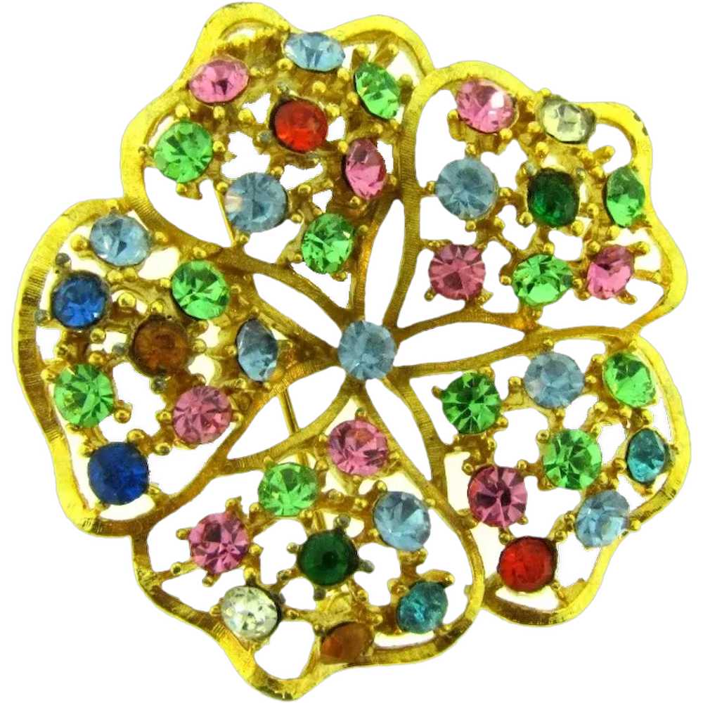 Signed Lisner flower Brooch with colorful rhinest… - image 1