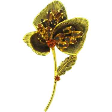 Vintage floral Brooch with topaz and orange rhine… - image 1