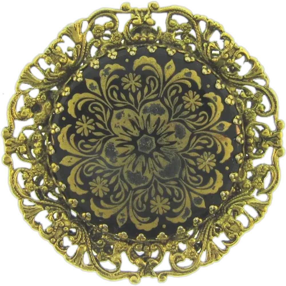 Vintage filigree frame Brooch with gilded design … - image 1