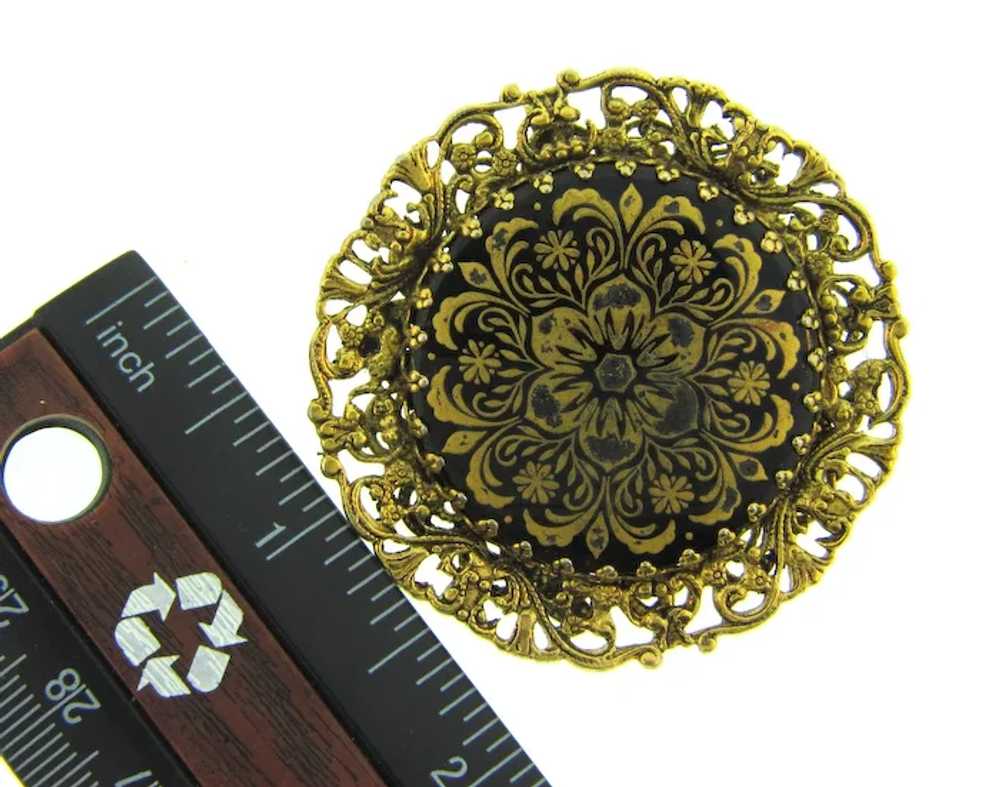 Vintage filigree frame Brooch with gilded design … - image 3