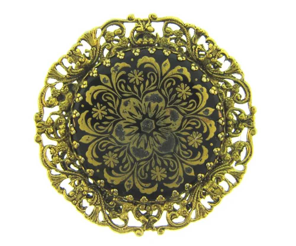 Vintage filigree frame Brooch with gilded design … - image 4