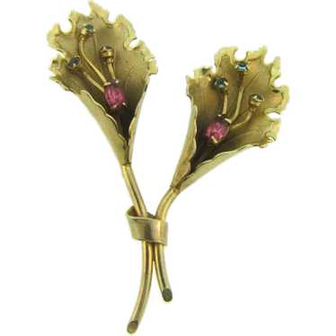 Vintage 1950's double flower Brooch with pink and… - image 1