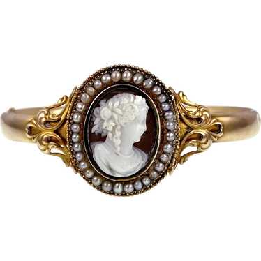 Antique 14K, Carved Cameo & Seed Pearl Bangle Brac