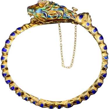 Antique 14K, Diamond & Enamel Lion Head Bracelet - image 1