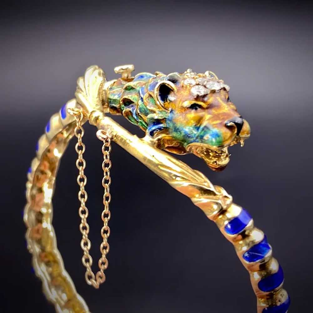 Antique 14K, Diamond & Enamel Lion Head Bracelet - image 4