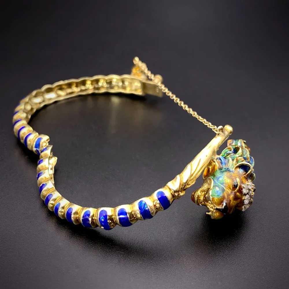 Antique 14K, Diamond & Enamel Lion Head Bracelet - image 5