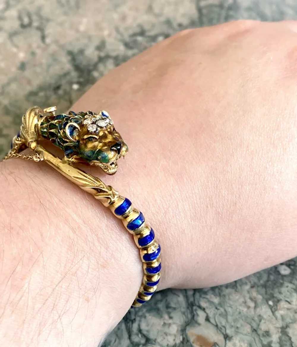 Antique 14K, Diamond & Enamel Lion Head Bracelet - image 8