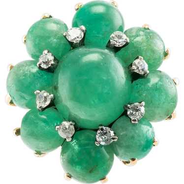 Diamond Emerald Cabochon Flower Ring 14K Gold Vin… - image 1