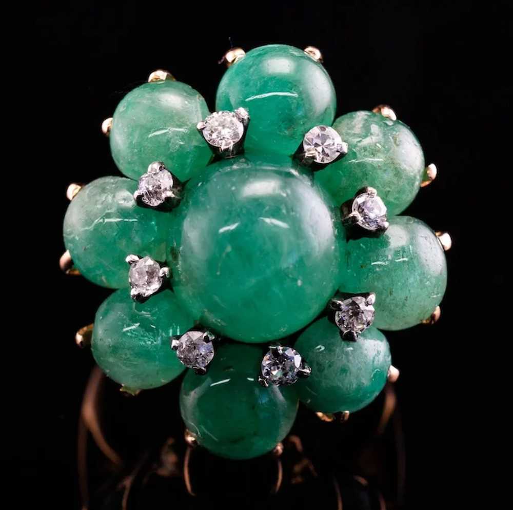 Diamond Emerald Cabochon Flower Ring 14K Gold Vin… - image 2