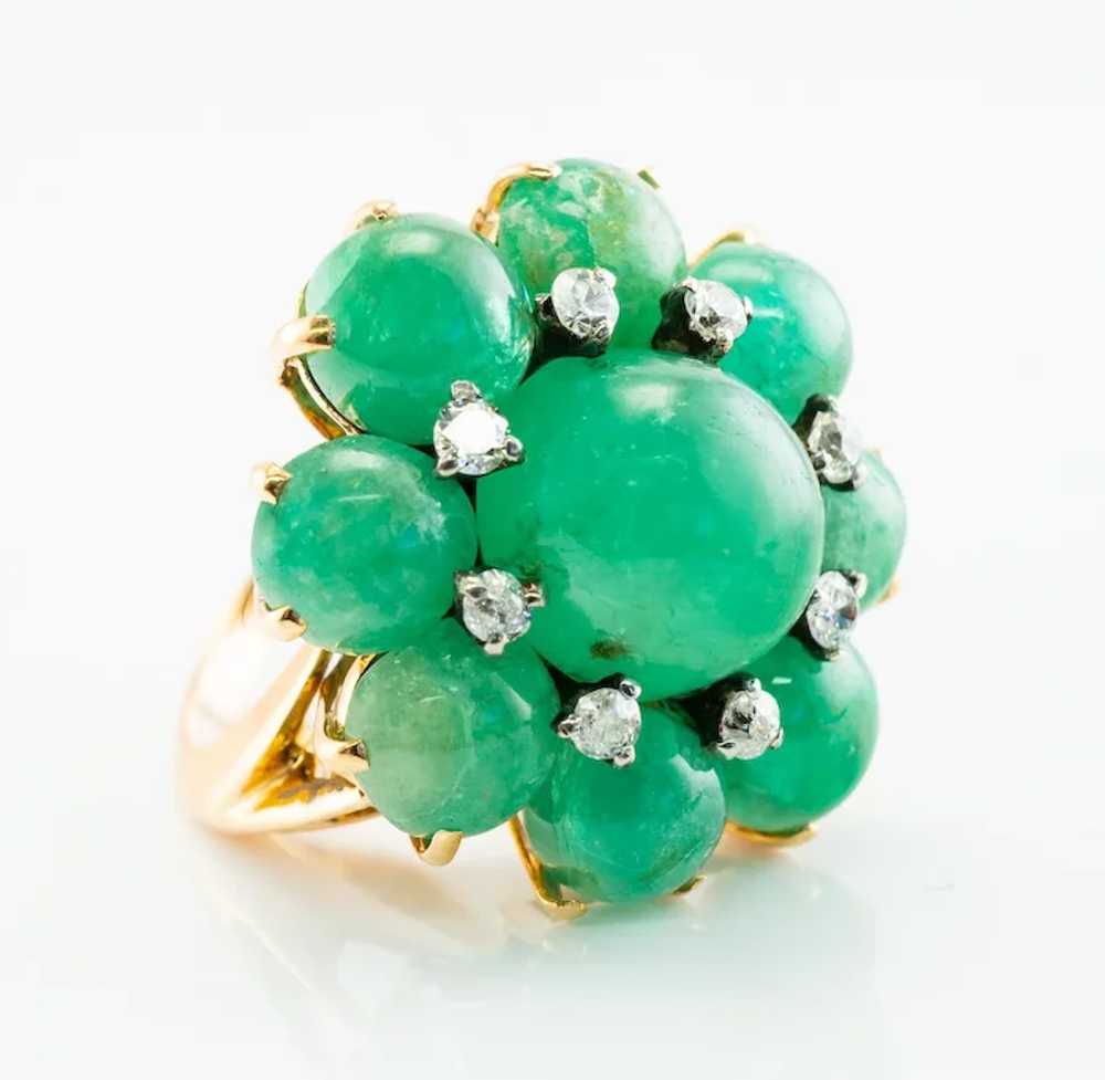 Diamond Emerald Cabochon Flower Ring 14K Gold Vin… - image 4