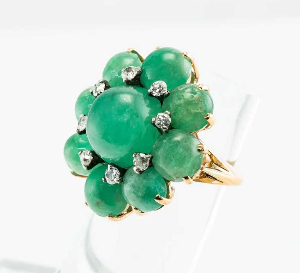 Diamond Emerald Cabochon Flower Ring 14K Gold Vin… - image 5