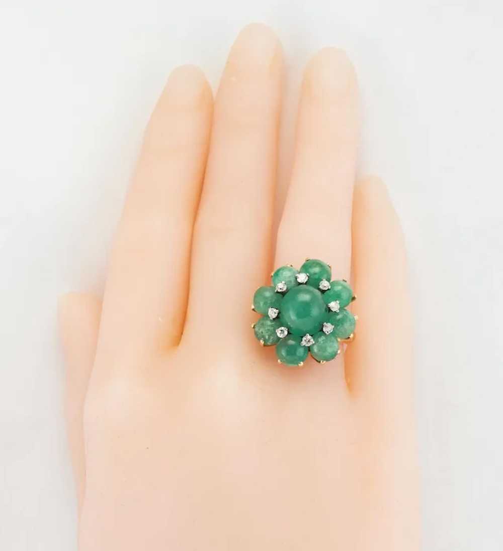 Diamond Emerald Cabochon Flower Ring 14K Gold Vin… - image 7