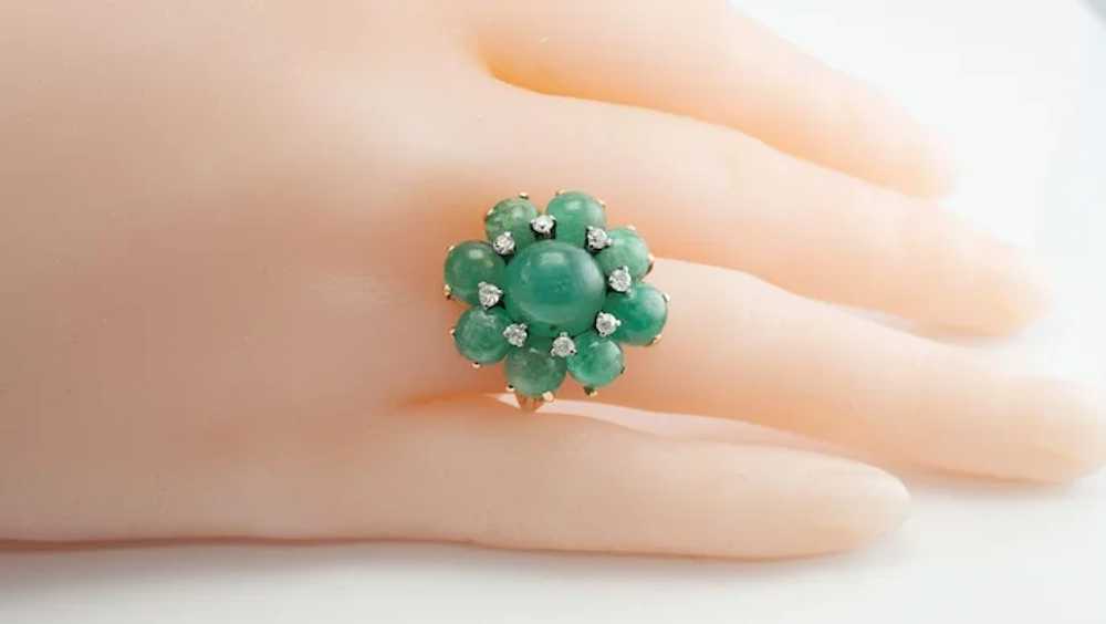 Diamond Emerald Cabochon Flower Ring 14K Gold Vin… - image 9