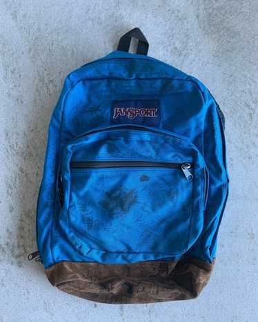 【USA製】Jansport Backpack Leather Bottom Jansport Leather Bottom Blue 3 Pocket Backpack, Made in USA