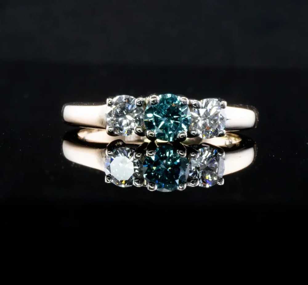 Three Stone Blue & White Diamond Ring 14K Gold Ba… - image 11