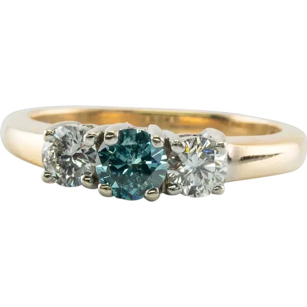 Three Stone Blue & White Diamond Ring 14K Gold Ba… - image 1