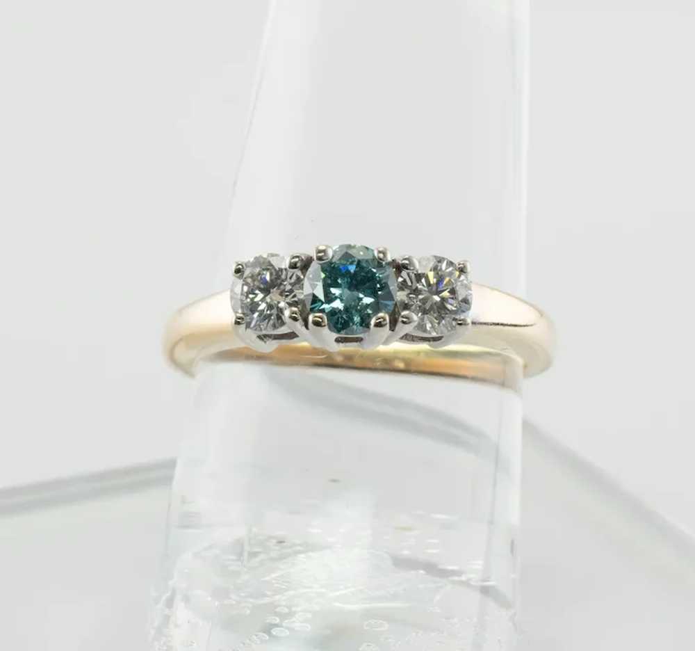 Three Stone Blue & White Diamond Ring 14K Gold Ba… - image 3
