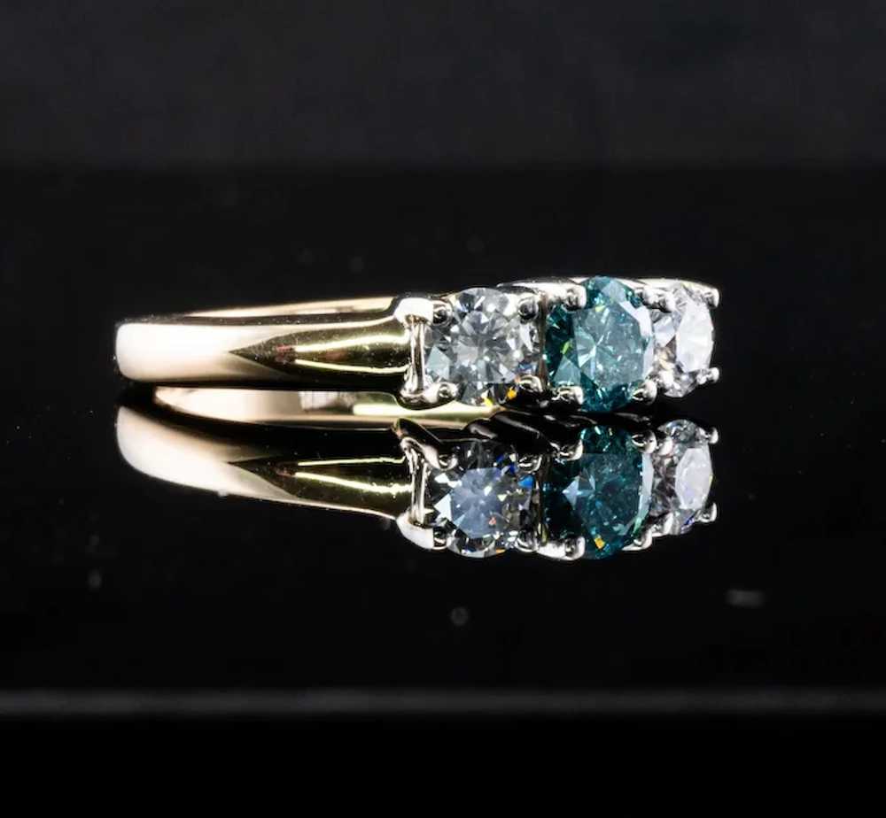 Three Stone Blue & White Diamond Ring 14K Gold Ba… - image 4