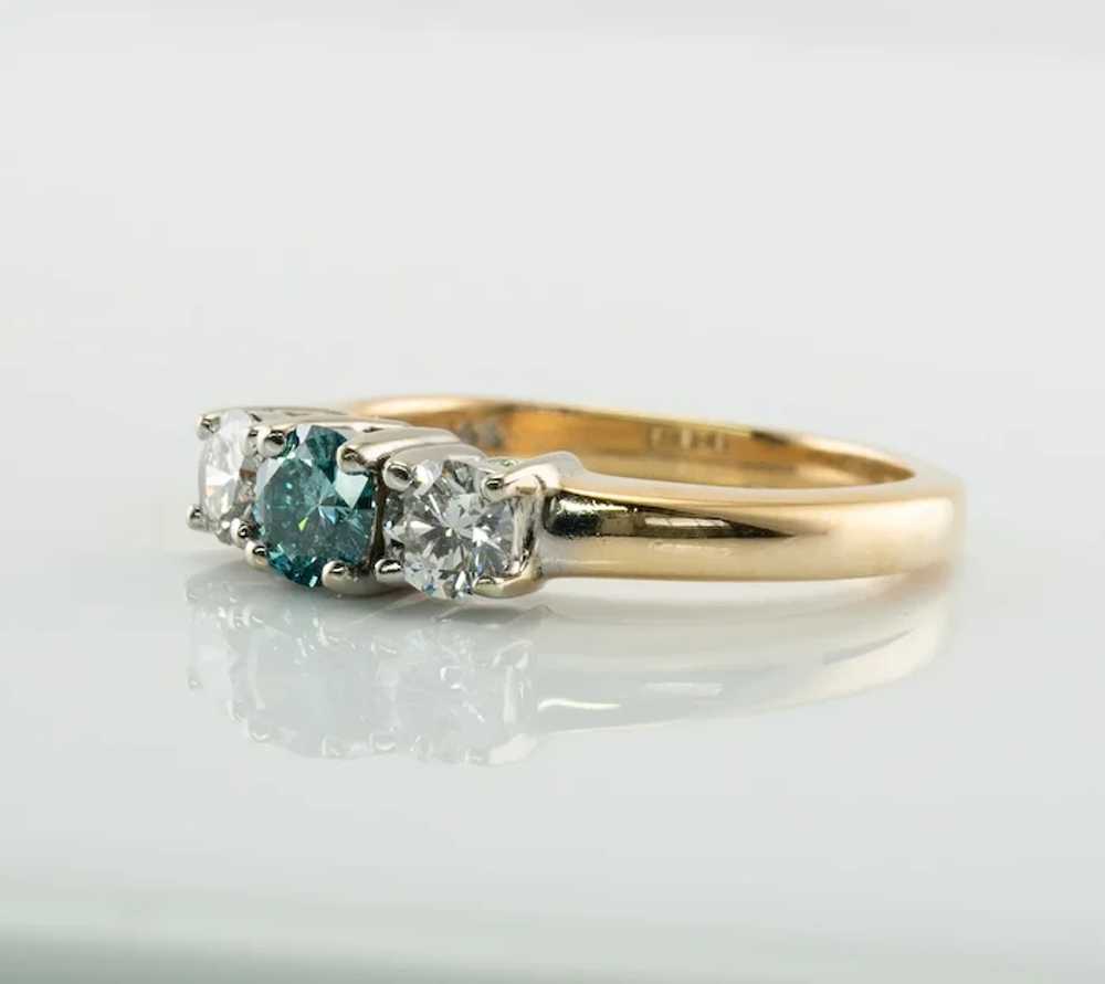Three Stone Blue & White Diamond Ring 14K Gold Ba… - image 9