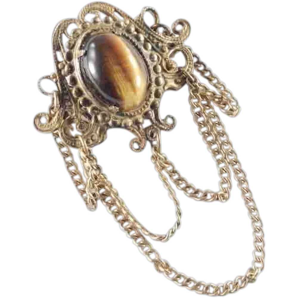 Miriam Haskell Tiger's Eye Cabochon Chain Swag Br… - image 1