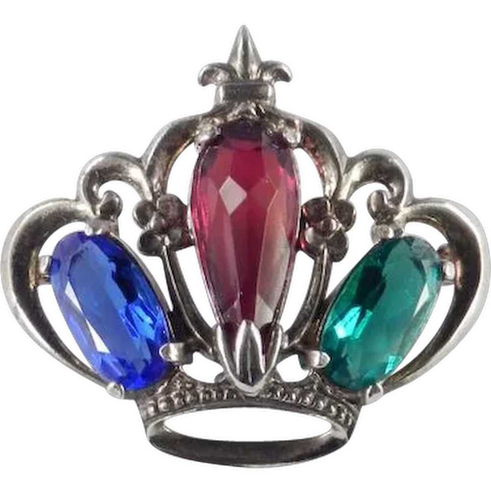 1940s Vintage Sterling Silver Glass Stone Crown P… - image 1