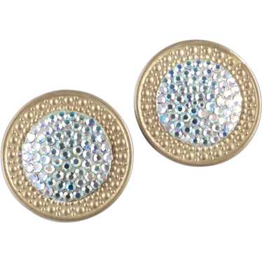 RICHARD KERR Vintage Blue Rhinestone high quality Pave Round Disc Gold Clip Earrings 1980s