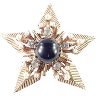 Florenza Rhinestone Cabochon Faux Pearl Star Broo… - image 1