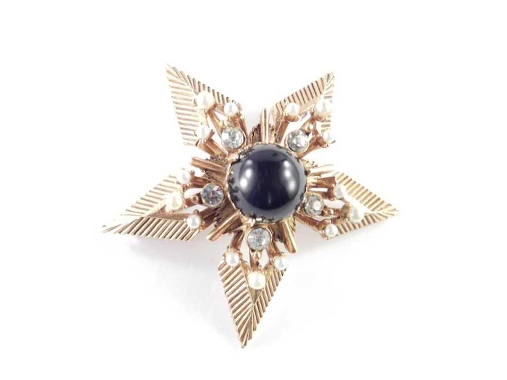 Florenza Rhinestone Cabochon Faux Pearl Star Broo… - image 3