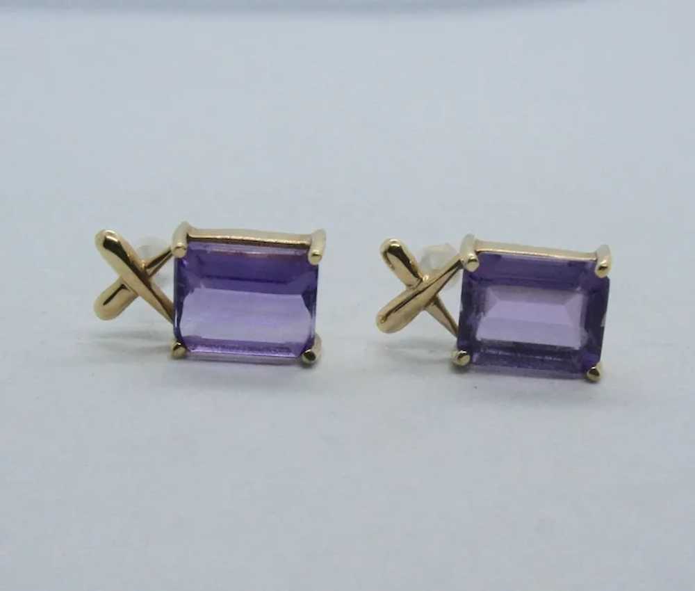 10k Gold Emerald Cut Amethyst Post Earrings - image 3