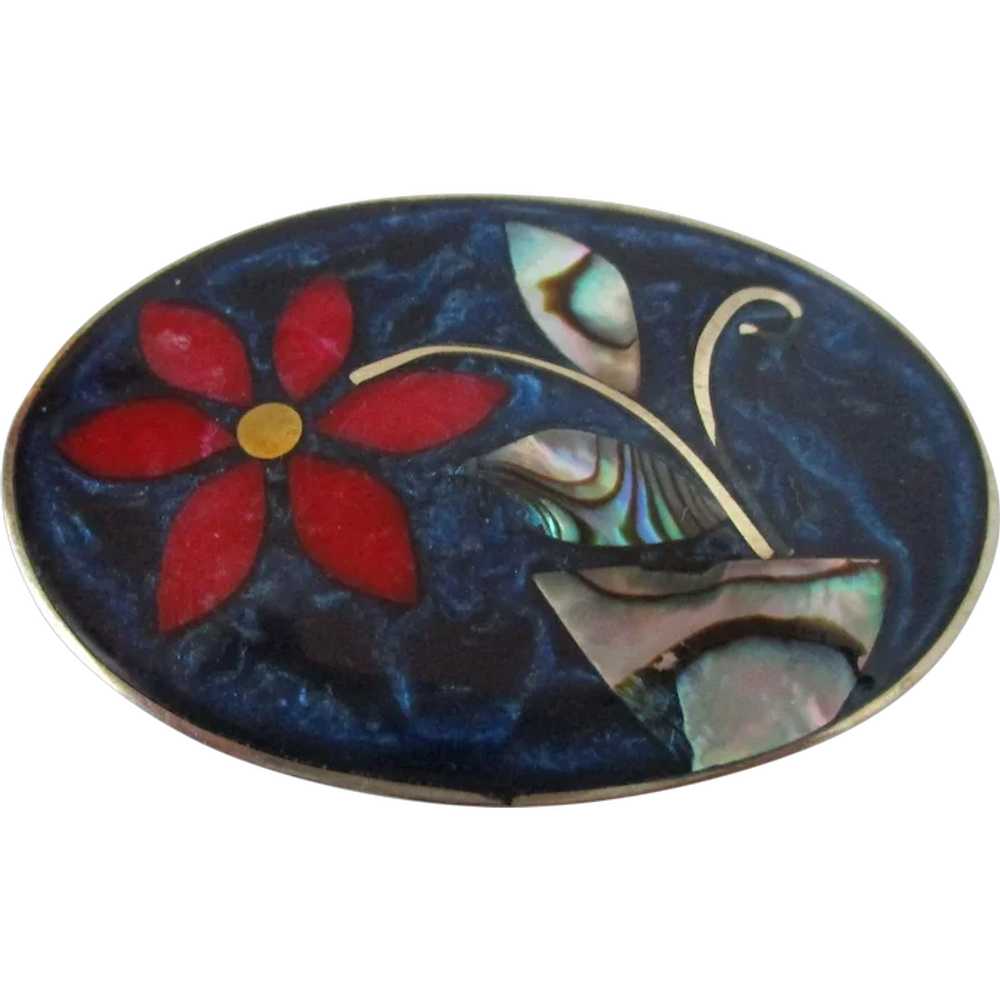 Mexico Alpaca Enamel Abalone Shell Oval Brooch Vi… - image 1