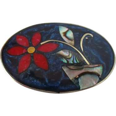 Mexico Alpaca Enamel Abalone Shell Oval Brooch Vi… - image 1