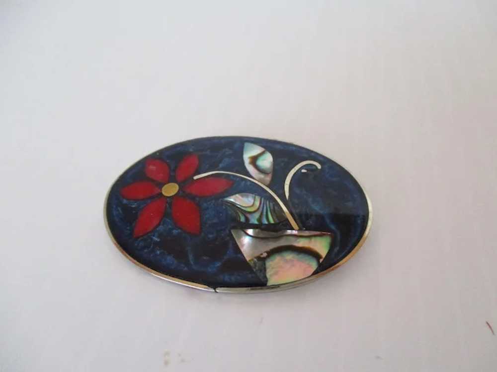 Mexico Alpaca Enamel Abalone Shell Oval Brooch Vi… - image 2