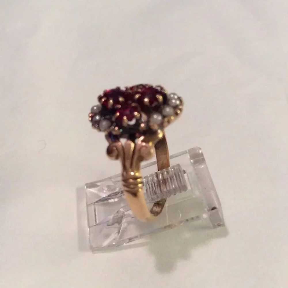 9K Rose Gold Garnet/Seed Pearl Ring - image 3