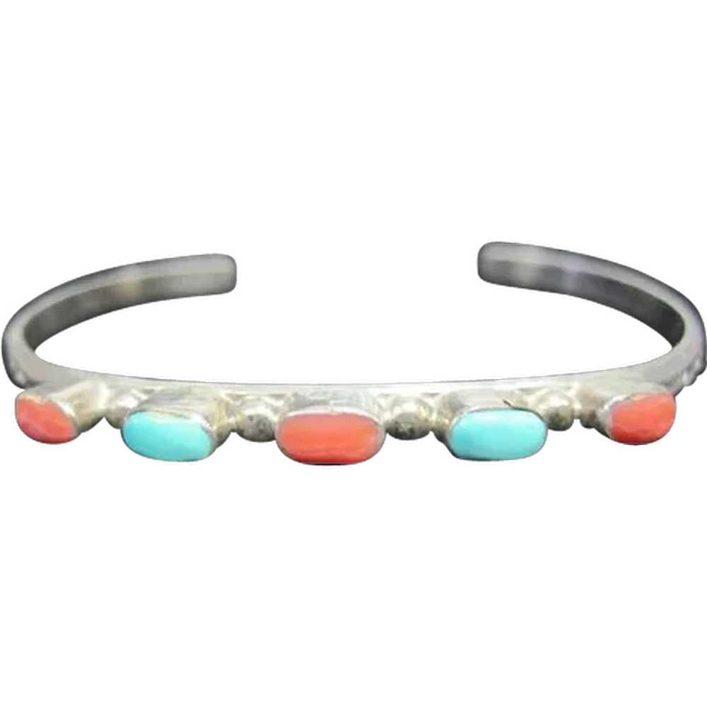 Turquoise & Coral Stoned Petite Thin Pawn Cuff Br… - image 1