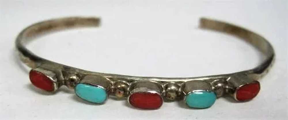 Turquoise & Coral Stoned Petite Thin Pawn Cuff Br… - image 2