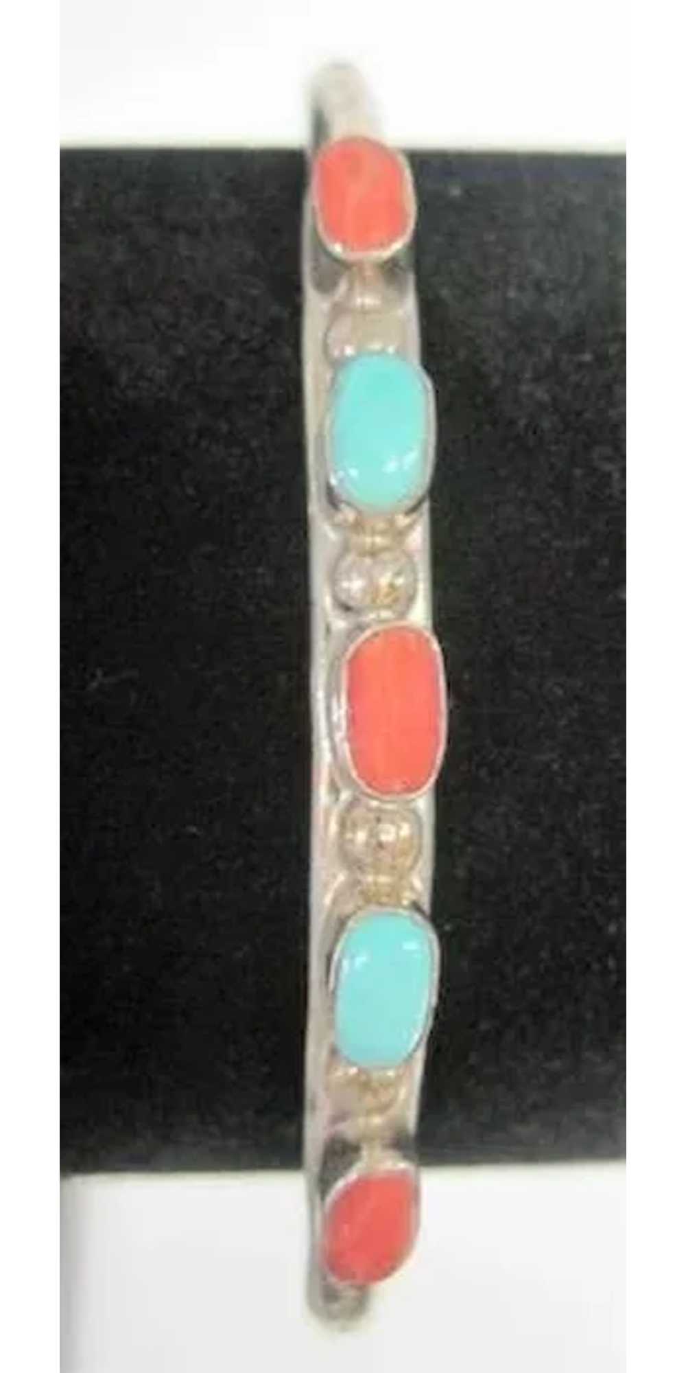 Turquoise & Coral Stoned Petite Thin Pawn Cuff Br… - image 5