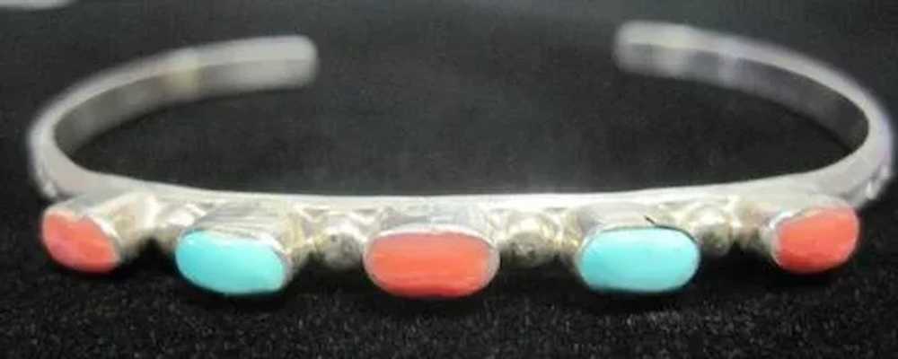 Turquoise & Coral Stoned Petite Thin Pawn Cuff Br… - image 8