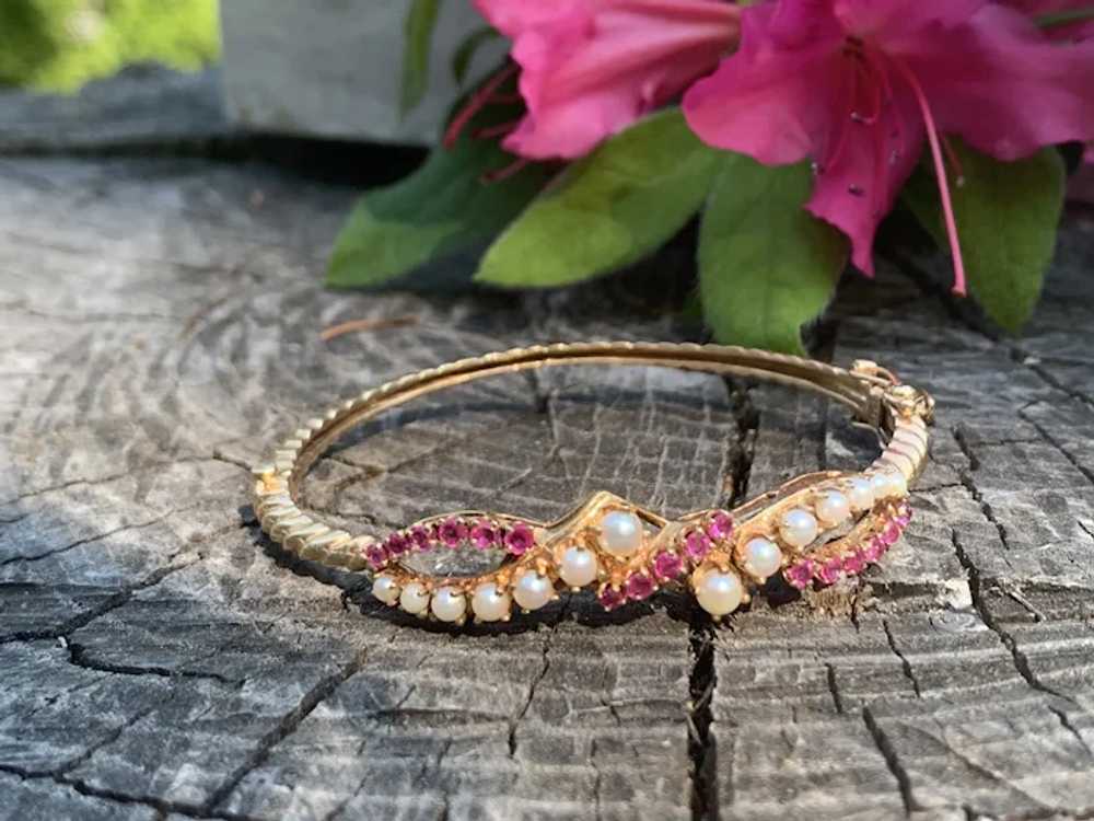 14K Yellow Gold Pearl and Ruby Bangle - image 5