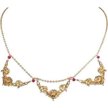 Art Nouveau Ruby Gold Necklace French Floral - image 1