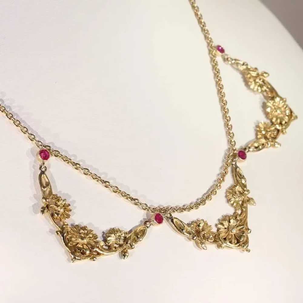Art Nouveau Ruby Gold Necklace French Floral - image 2