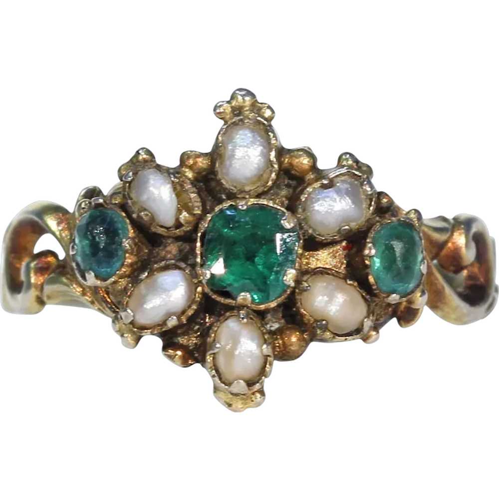 Early Victorian Green Garnet Doublet Pearl Ring - image 1