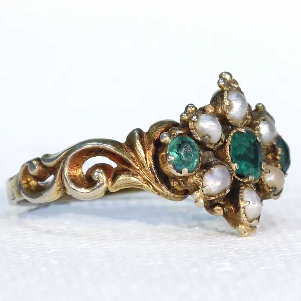 Early Victorian Green Garnet Doublet Pearl Ring - image 2