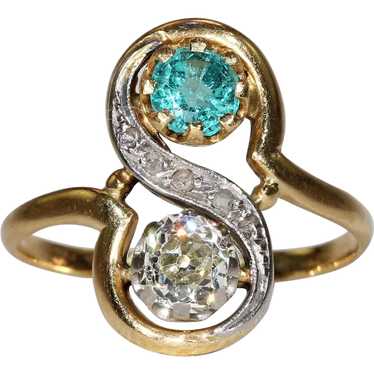 Antique French Toi et Moi Diamond Emerald Ring 18… - image 1