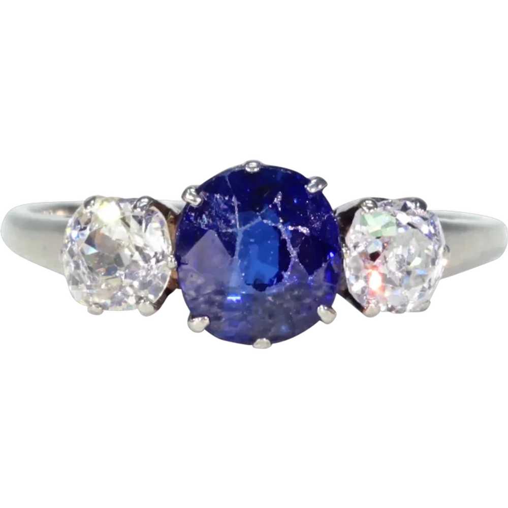 Art Deco Blue Sapphire Diamond 3 Stone Ring - image 1