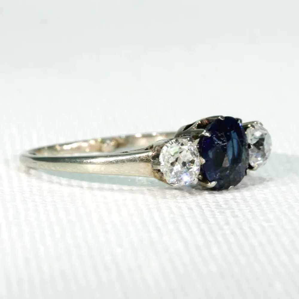 Art Deco Blue Sapphire Diamond 3 Stone Ring - image 2