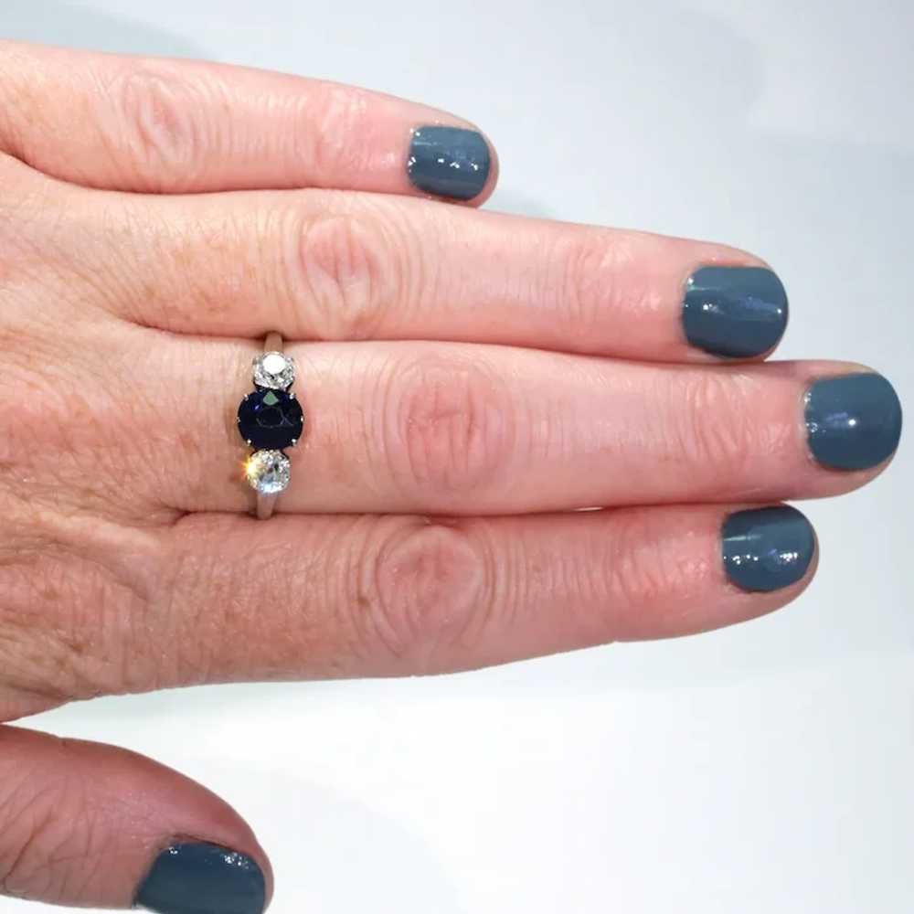 Art Deco Blue Sapphire Diamond 3 Stone Ring - image 5